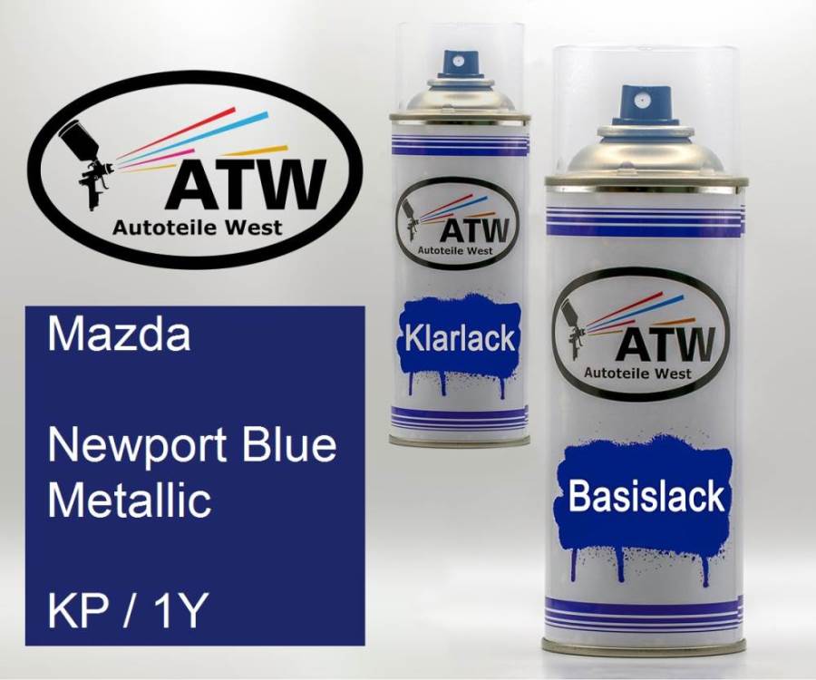 Mazda, Newport Blue Metallic, KP / 1Y: 400ml Sprühdose + 400ml Klarlack - Set, von ATW Autoteile West.